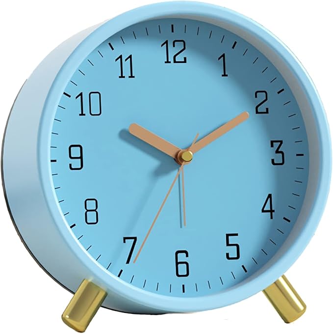 SHISEDECO Alarm Clock with Backlight, 4.5 inches Bedside Analog Non-Ticking Silent Small Deskclock with Arabic Numerals, Battery Operated Round Tableclock for Living Room, Bedroom (Blue)