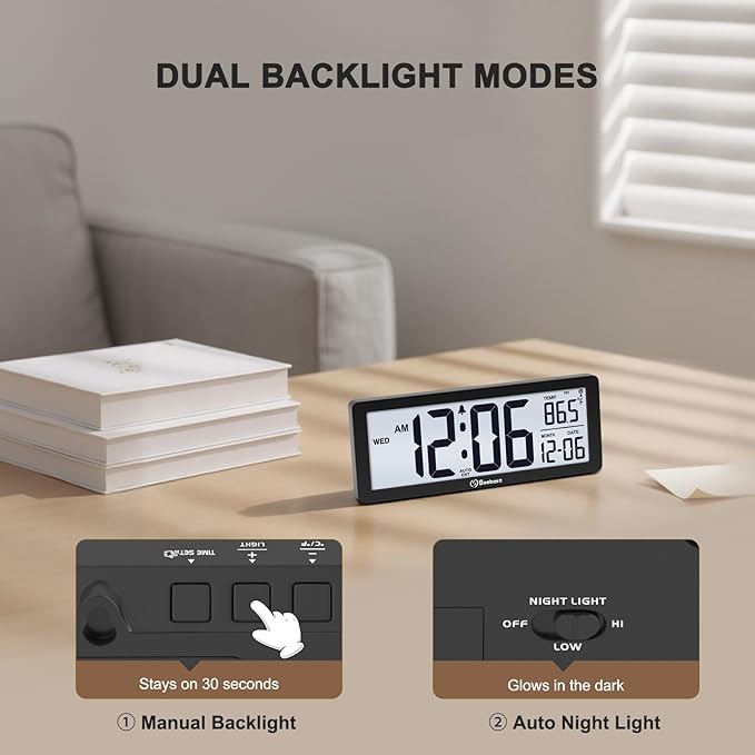 Soobest 8.5" Atomic Digital Wall Clock, Never Needs Setting, Auto Time Sync, Accurate & Easy to Use Clock with Backlight, Battery Operated, Temperature, Date, Auto DST, 4 Time Zones