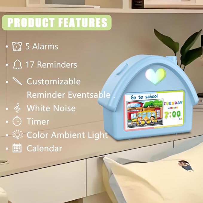 Kids Alarm Clock with 4.3'' HD Digital Screen, Calendar Countdown Ambient Lighting White Noise Remote Control Function Perfect for Kids
