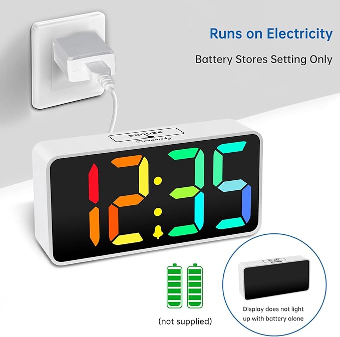 DreamSky Small Digital Alarm Clock for Bederoom, RGB Large Big Numbers Display with Dimmer for Living Room, Electric Bedside Desk Clock with USB Charging Port, Adjustable Volume, USB-C Adapter Powered