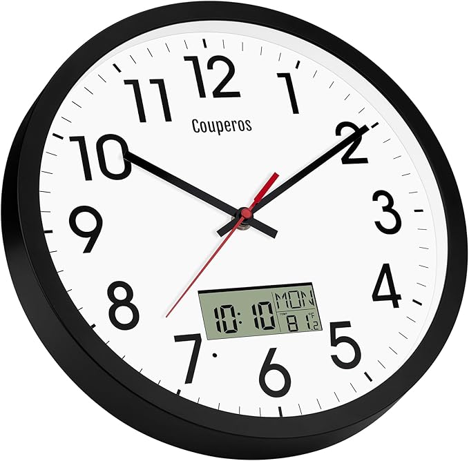 12 Inch Digital Wall Clock with Lighted LCD Display Temp, Week, Switchable Time and Perpetual Calendar, DST Function, Silent Battery Operated Analog Black Clock for Bedroom Office Classroom