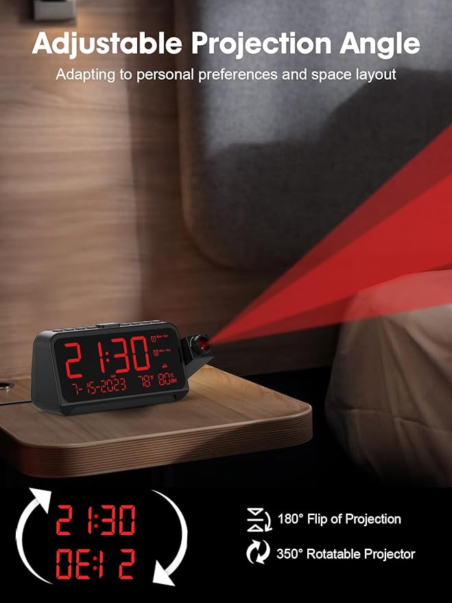 ROCAM Projection Clock for Bedroom, Digital Clock with 180° Projector on Ceiling with 5-Level Dimmer, Dual Loud Alarm Clock with Weekend/Weekday Mode, Date, Temp, Humidity, Night Light, Snooze
