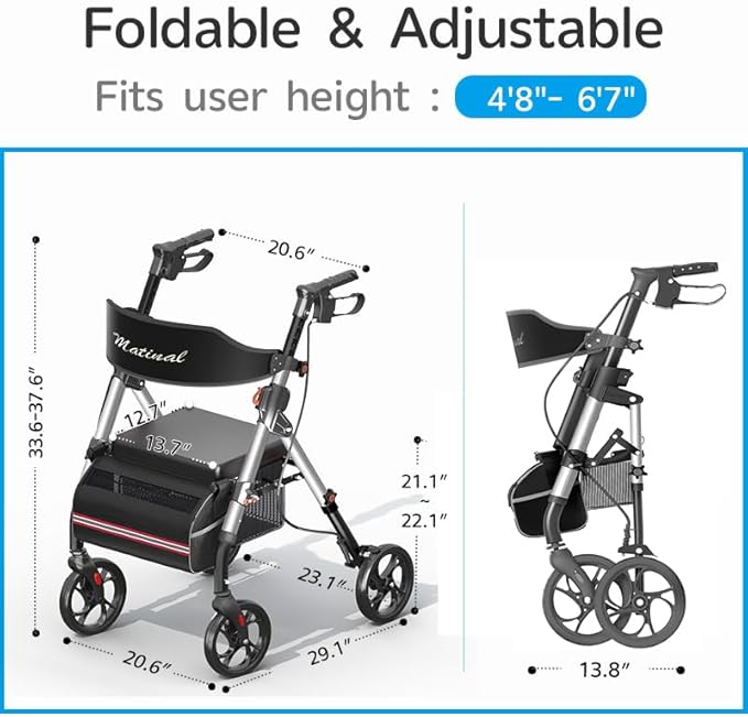 Foldable Rollator Walkers with Seat for Seniors, Lightweight Rollator Walker with 8" Big Wheels, Height Adjustable Ergonomic Rolling Walker Seat, Aluminum and Carbon Steel (Silver)