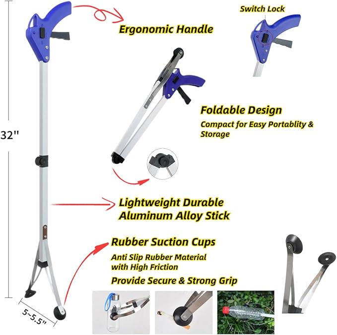 2 Pack Foldable Reacher Grabber Tool 32 Inch Lightweight Extra Long Handy Trash Claw Grabber, Anti-Slip Reaching Tool Assist Litter Pick Up Stick, Nabber, Arm Extension for Elderly Disabled Heavy Duty