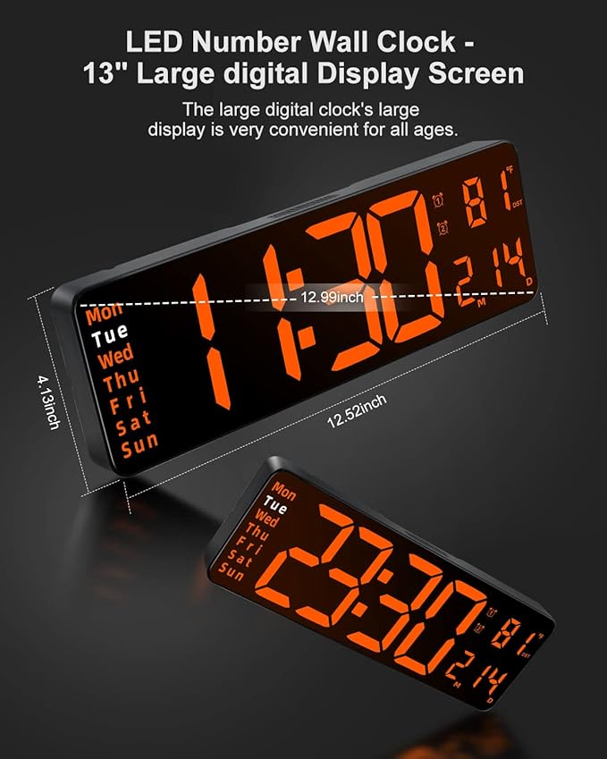 JoFomp Large Display Digital Alarm Clock for Bedroom, Living Room and Office - LED Electronic Clock with DST, Temperature Display - Dimmer & Battery Backup - Modern Desk and Wall Clock (Orange)