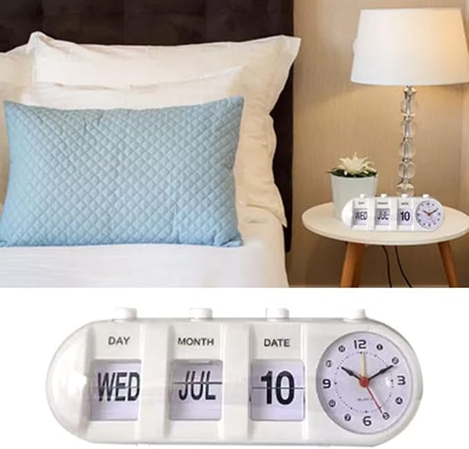 Flip Clock, Retro Table Clock Non Ticking Calendar Alarm Clocks Jump Desktop Clocks with Date, Month, Day of Week Display (White)