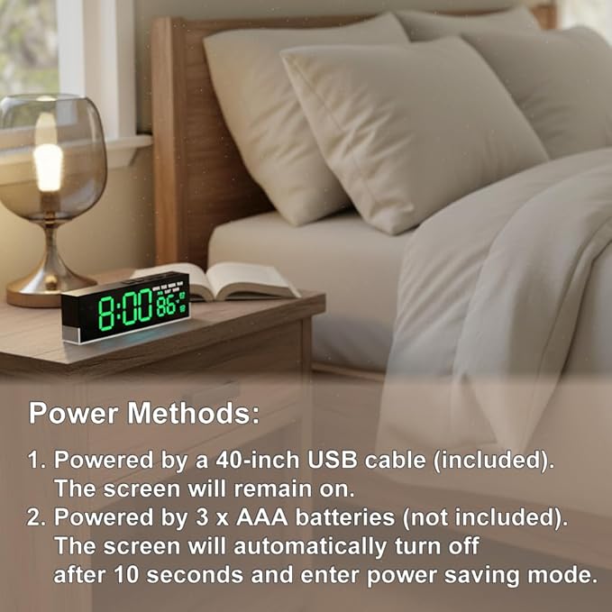 JENLYSTIME 7 Inch LED Digital Alarm Clock with Dual Alarms & Bottom Glow｜Displays Time, Date, Day, Temperature ｜3-Level Auto/Manual Brightness, DST, USB or Battery Powered Modern Desk Clock (Green)