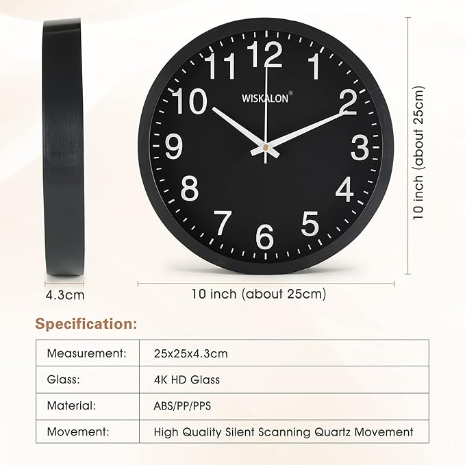WISKALON 10 inch Wall Clock,Silent Non-Ticking Elegant Black Frame Wall Clock,Classic Digital Wall Clock with Glass,Battery Operated Round Wall Clock,Easy to Read Home/Office/School Black Wall Clock