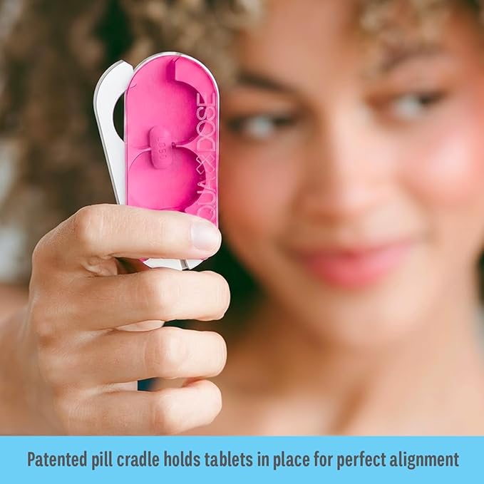 EQUADOSE Pill Splitter with Precision Aluminum Blades, Safely and Cleanly Cuts Small and Large Tablets, Vitamins, and Pills, Easy Tablet Divider for Accurate Medication Dosing, Pink