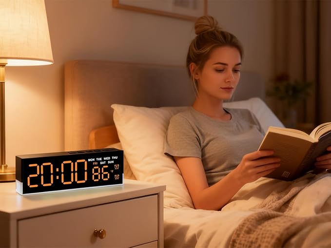 45MinST 7-Inch LED Digital Alarm Clock with Bottom Glow Light｜Displays Time, Date, Day, Temperature｜Dual Alarms, DST, Auto/Manual 3-Level Brightness, Battery or USB Powered Desk Clock,Orange