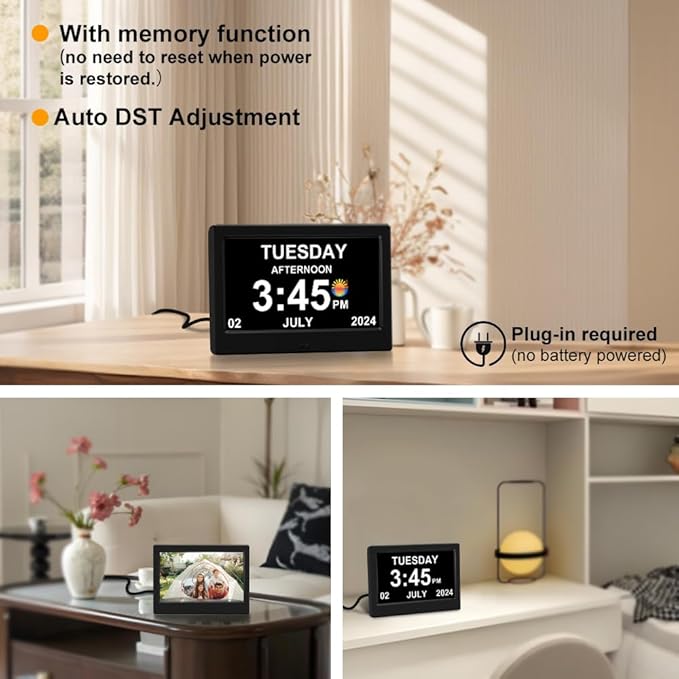 2026 Digital Clock Plug-in (No Battery), Power Outage Memory, DST Display Time, Date, Month, and Year Large-Font Clock for the Elderly, 7in Black