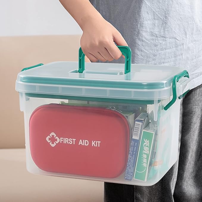 Vcansay Plastic Family First Aid Box with Double Layer and Handle, Emergency Medicine Box, Clear Container for Home, Car, Office, Travel & Outdoor Sports