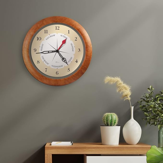 Time & Day of The Week Wall Clock with 13.5” Maple Accent Frame – – Ideal Retirement Gift for Men and Women, Day Clock for Seniors and Retirees