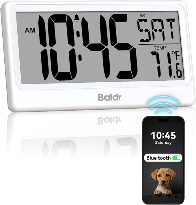 Baldr Digital Clock with Bluetooth Auto Time Sync, No App Required, Large Display Non-Backlit Desktop Alarm Clock, Battery Operated, Temperature & Weekday, Wall or Desk Clock for Home Office, White