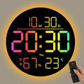 10-Inch RGB LED Digital Wall Clock with Temperature, Humidity, and Date Display｜Dual Alarms, Countdown Timer, 11 Backlight Colors, Auto Brightness, Silent Operation｜Modern Decor for Home&Office
