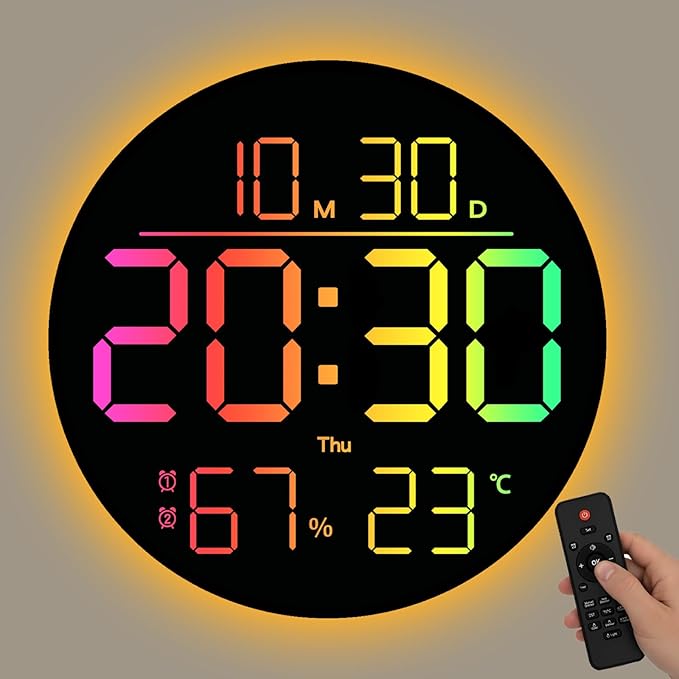 10-Inch RGB LED Digital Wall Clock with Temperature, Humidity, and Date Display｜Dual Alarms, Countdown Timer, 11 Backlight Colors, Auto Brightness, Silent Operation｜Modern Decor for Home&Office
