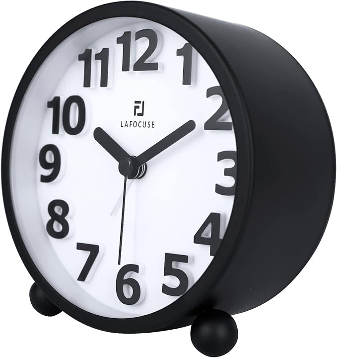 Lafocuse Metal Large 3D Numerals Easy to Read Analog Alarm Clock for Heavy Sleepers with Night Light and Snooze Function, Silent Black Bedside Clock for Bedroom Desk Shelf Table, 4 Inch