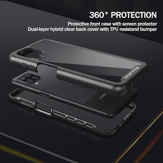wahhle Compatible with Samsung Galaxy A12 Case, Built in Screen Protector Full Body Shockproof Slim Fit Bumper Protective Phone Cover for Samsung A12 Men Women-Black/Clear