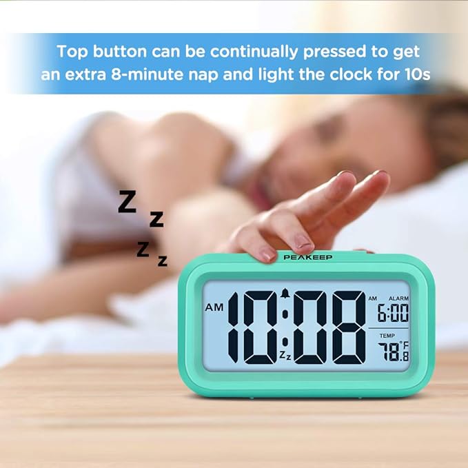 Peakeep Night Light Digital Alarm Clock Battery Operated with Indoor Temperature, Desk Small Clock (Mint)