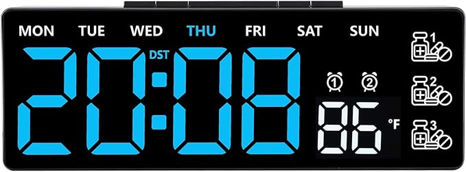 45MinST 8 Inch LED Digital Clock with Medication Reminder – Large Display with Time, Date, Day, Temperature, 3 Daily Reminders, Dual Alarm, Silent Electronic Clock for Home, Office, Bedroom(Blue)
