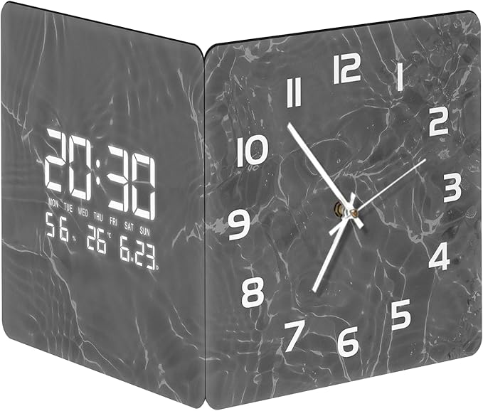 12'' Double Sided 90° Corner Wall Clock, Gray Water Ripple, Radar Motion Activated, Analog & LED Display with Temp Humidity Date Day, Silent Non-Ticking Plug-in for Living Room Kitchen