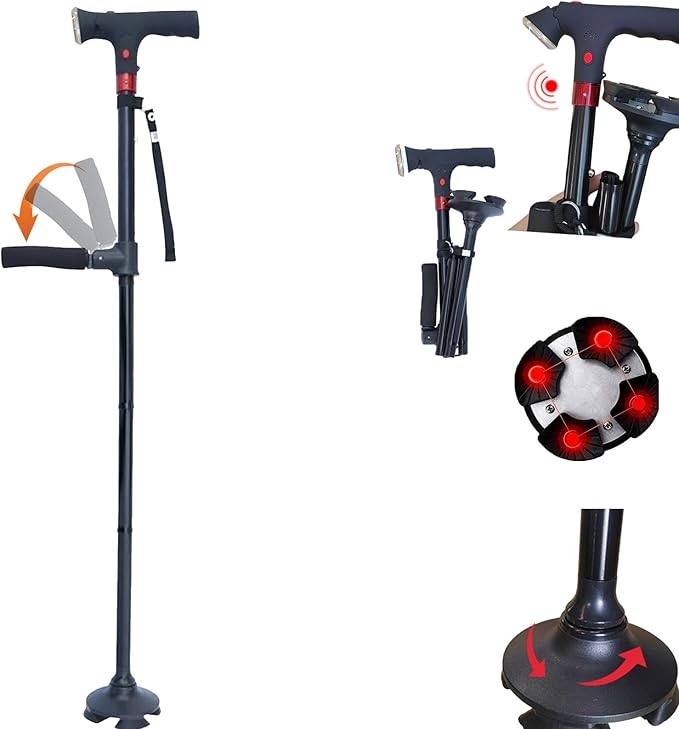 2026 New Smart Walking Cane for Men Women, 3-in-1 Upgrade Smart Walking Canes with Light and Alarm, Foldable Dual Handles, Adjustable Canes for Elderly,Seniors Veterans & Parents
