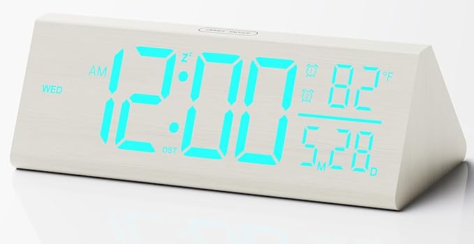 Solid Wood Digital Alarm Clock for Bedroom - 8.8 Inch Large Display for Living Room, See Time Instantly! Multicolor Backlight Time Display, Dual Alarms, Date/Temp/Day, DST, Snooze (White)