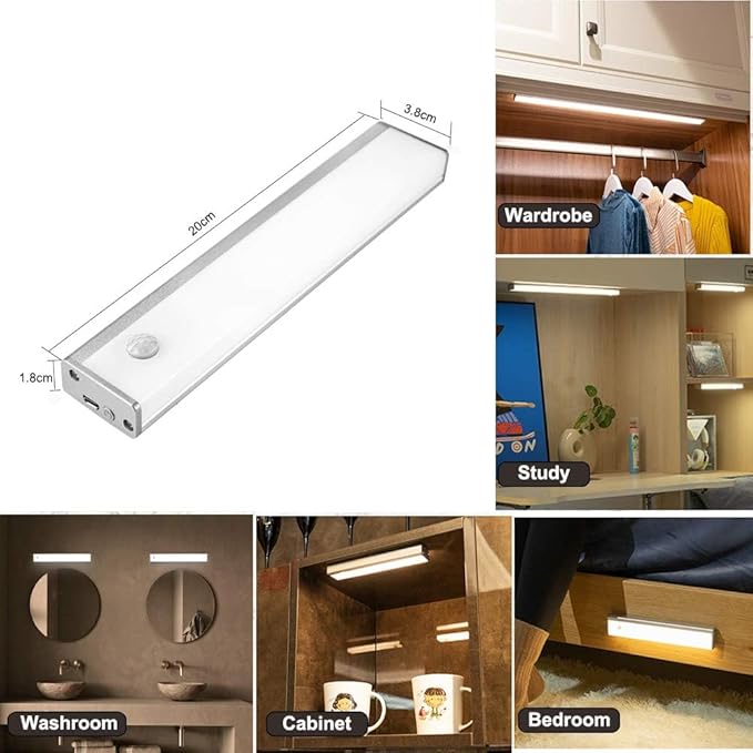 2-Pack Motion Sensor Closet Light, 20cm Rechargeable Magnetic Cabinet Lighting with 1100mAh Battery Each, Dual-Sided Illumination, 3 Modes, Warm White for Under Counter Kitchen Stairway