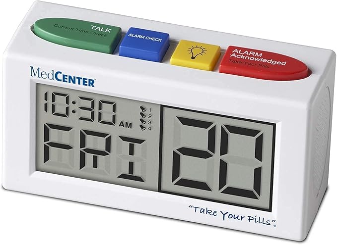 Medcenter FSA/HSA Monthly Medication Organizer for Drawer or Lock Box with 31 Pill Boxes and 4 Daily Compartments and Talking Alarm Clock Medication Reminder