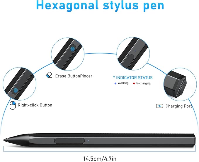 Stylus Pen for HP Envy X360 Pavilion X360 Specter X360 Spectre X2 Envy X2 Rechargeable MPP 2.0 Tilt Active Pen with 4096 Pressure Sensitivity, Palm Rejection, Hexagonal Pen Body Design, Black