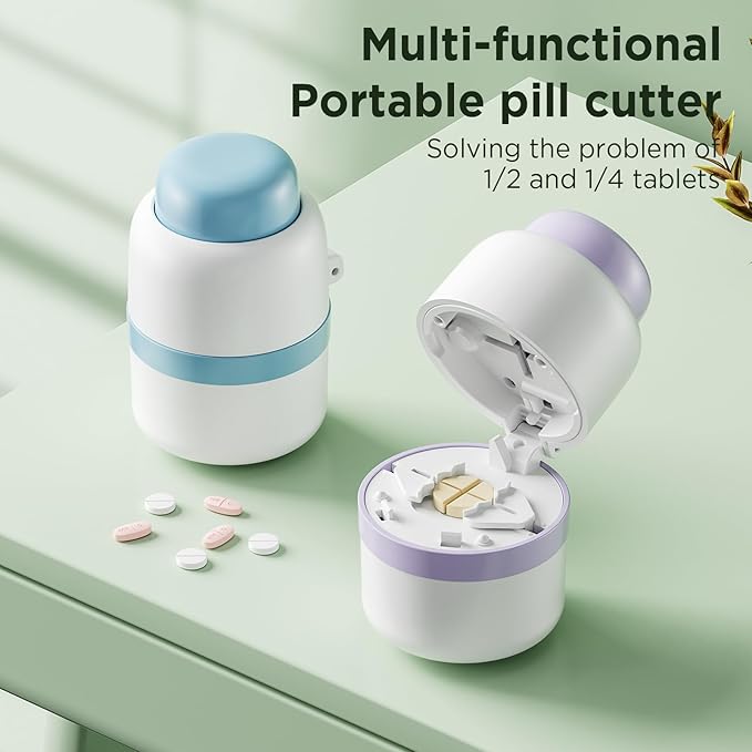 Pill Cutter 1/4 - Pill Splitter with Stainless Steel Blade for Cutting Small Pills or Large Pills in one Fourth, Suitable for Cuting Vitamins, Tablets (1-4 Purple)