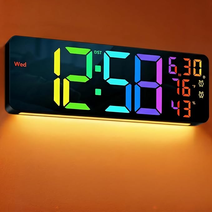 MASHI 17.3" Large Digital Wall Mount Clock, Digital Clock with Remote Control, Alarm, Big LED, RGB Color, DST, Temperature for Living Room Classroom Desk, Bedroom, Decor, Gift for Elderly (RGB)