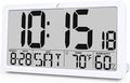 TXL Large Display Digital Wall Clock, Battery Operated with Temperature & Humidity, Auto DST, Date & Weekday, Easy Set Alarm, for Living Room, Bedroom, Office & Classroom (White)