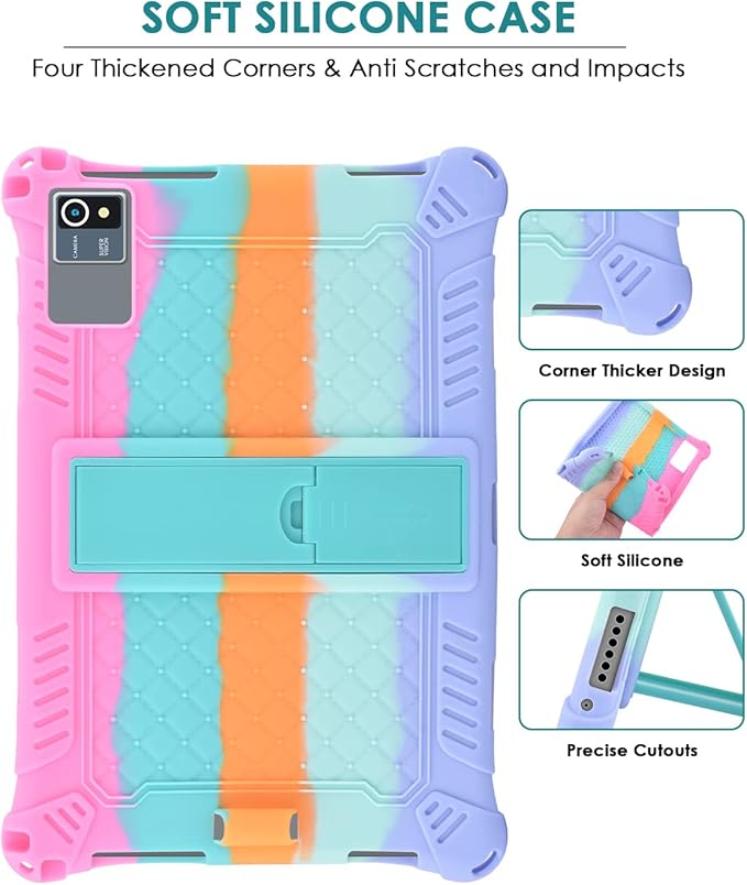 DETUOSI Silicone Case for Okaysea 10.1 inch Tablet with Stylus Pen & Shoulder Strap, Multi-Angle Stand Case, Soft Lightweight Protcetive Cover for QunyiCO 10.1, Moderness MB1001 10.1, Dazzling Pink