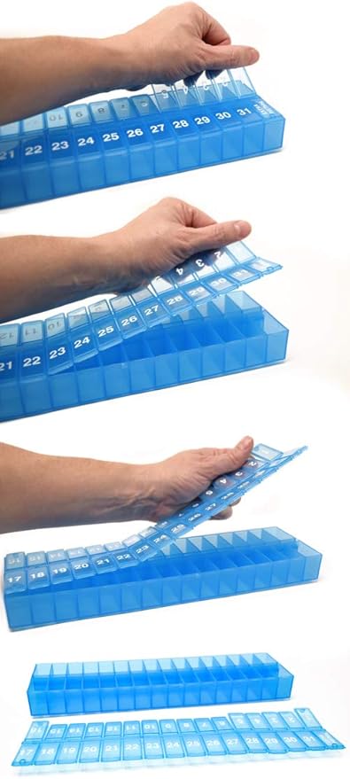 31 Day Monthly Pill Organizer, Once-A-Day Medication Planner with Removable Lid, Large Compartments, 3 Color Set for Multiple People Or 3 Times-Daily Use (3X a Day - Yellow, Clear & Blue)