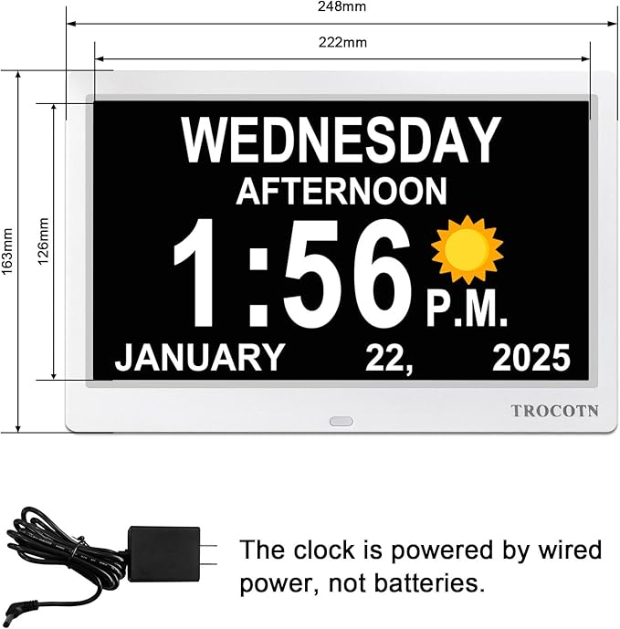 TROCOTN Dementia Clocks, Large Display Calendar Alarm Clock with Auto DST for Seniors, 5 Display Modes Large Font Digital Clock with Custom Alarms Day Date Clocks.(10 Inch White)