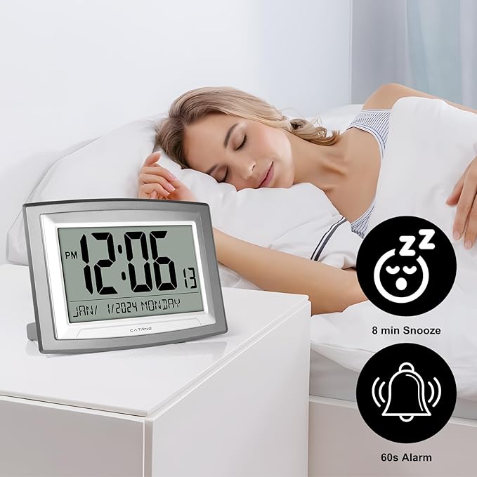 Auto Set Digital Wall Clock Battery Operated,12.5 Inch Large Display Digital Alarm Clock with Day, Date,Battery Operated Wall Clocks or Desk Alarm Clock for Bedroom, Livingroom, Office