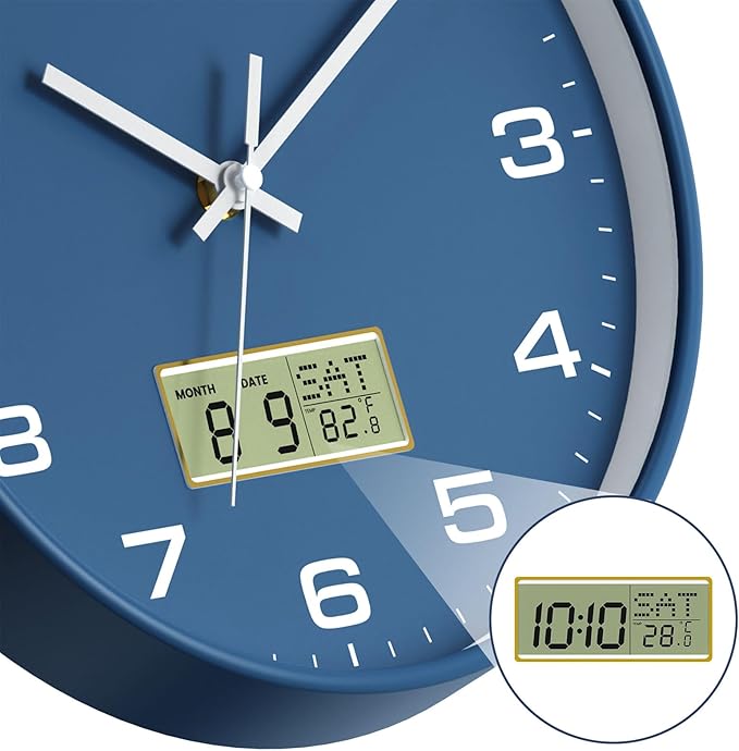 12 Inch Wall Clock, Silent Non-Ticking Analog with LCD Display, Battery Operated, Perpetual Calendar, Date, Weekday & Temperature (°C/°F), Tempered Glass for Living Room, Bedroom, Kitchen, Office