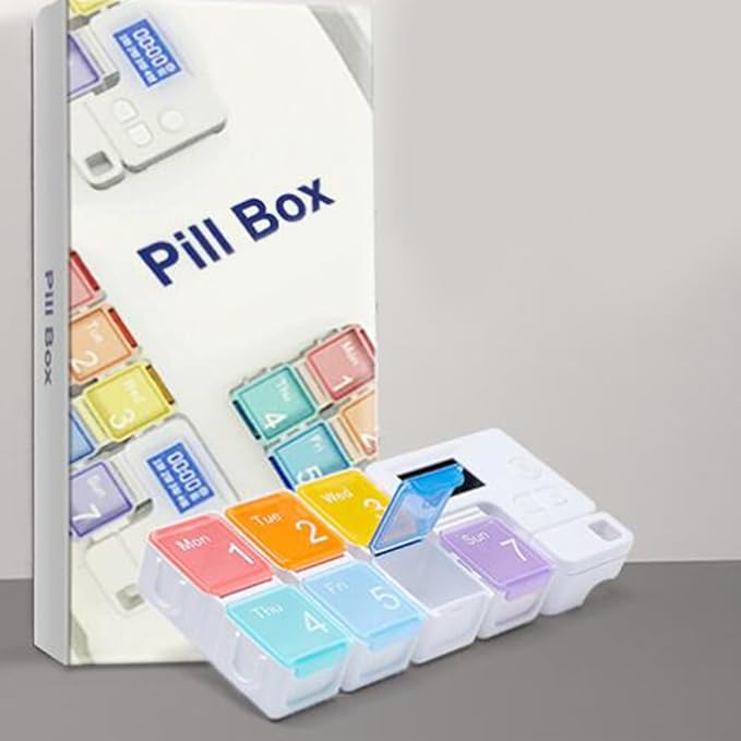 Weekly Rainbow Pill Organizer with -Coded Compartments, Plastic Timed Medication Reminder Box for Travel and Home Use, Patient Storage Container with Alarm Reminder