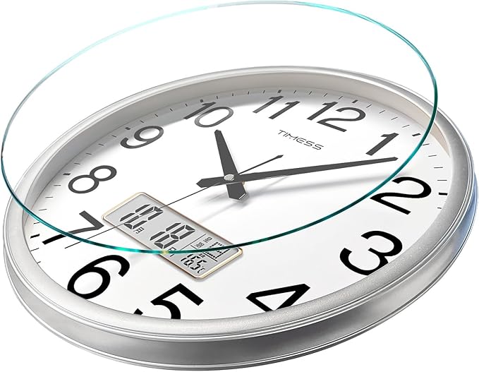 TIMESS Wall Clock, 13 Inch Non-Ticking Silent Battery Operated Quartz Analog with LCD Display for Perpetual Calendar and F° Temperature, Ideal Modern Home, Bedroom, Kitchen, Office Décor (Sliver)