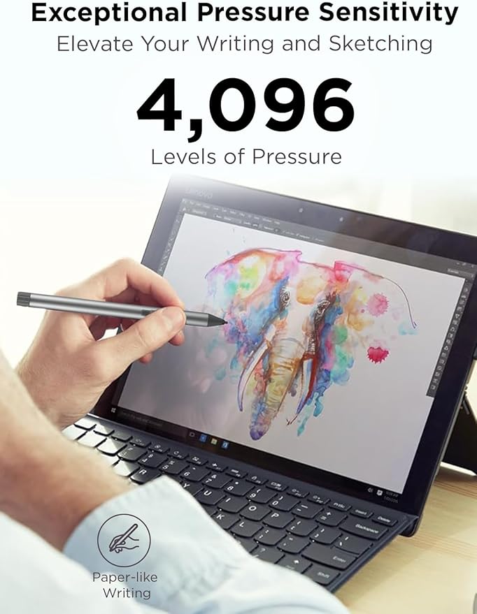 Lenovo Digital Pen 2 (Laptop) - Ultra-Tactile Response - 4,096 Levels of Pressure - Natural Feel Elastometer Pen Tip - Extended Battery Life - Silver, Grey