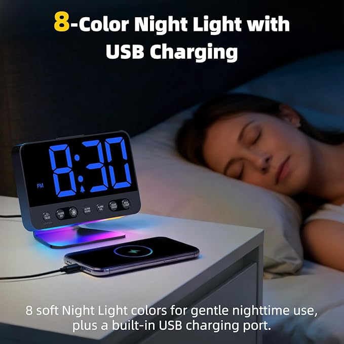 Digital Alarm Clock with Large Numbers for Bedrooms: Bold Display Readable Across The Room with 5 Level Brightness - 5 Alarm Sounds 8 Night Lights for Kids Seniors Teens - Blue