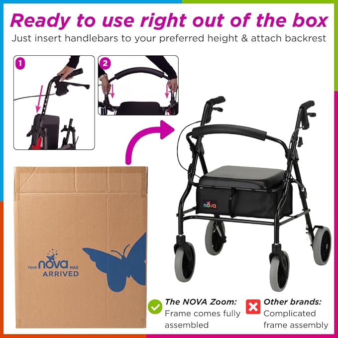 NOVA Medical Products Zoom Rollator Walker with 20" Seat Height, Black