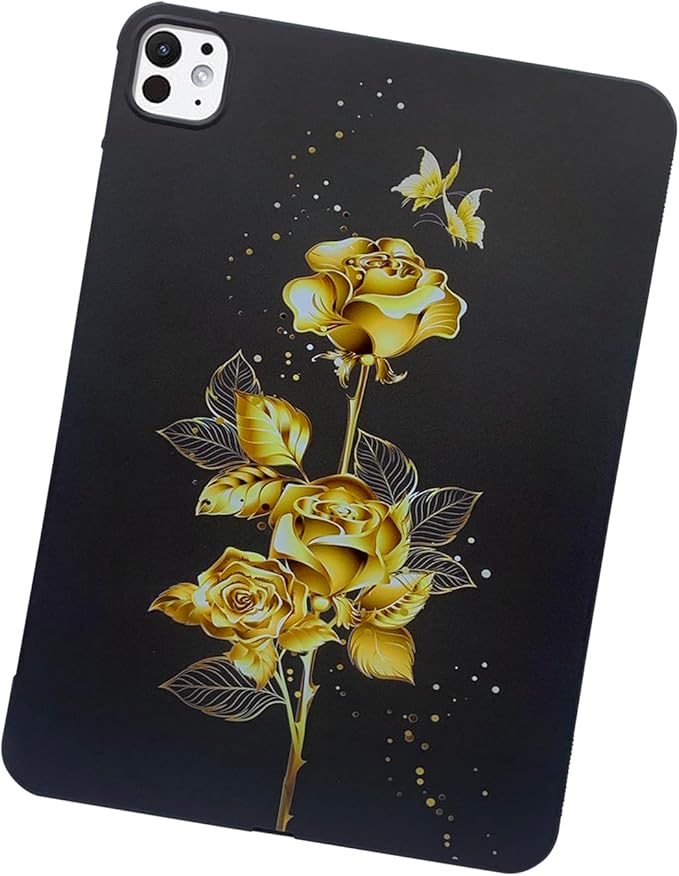 Dteck for iPad Pro 11 Inch (M4/M5) Ultra Thin Case 2024/2025 Release, Cute Cartoon Lightweight Soft Silicone TPU Slim Tablet Cover, Protective Shockproof Scratch Resistant Shell, Gold Rose Flower