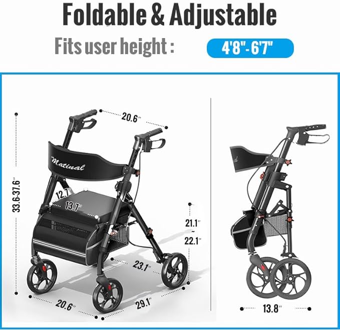 Foldable Rollator Walkers with Seat for Seniors, Lightweight Rollator Walker with 8" Big Wheels, Height Adjustable Ergonomic Rolling Walker Seat, Aluminum and Carbon Steel (Black)