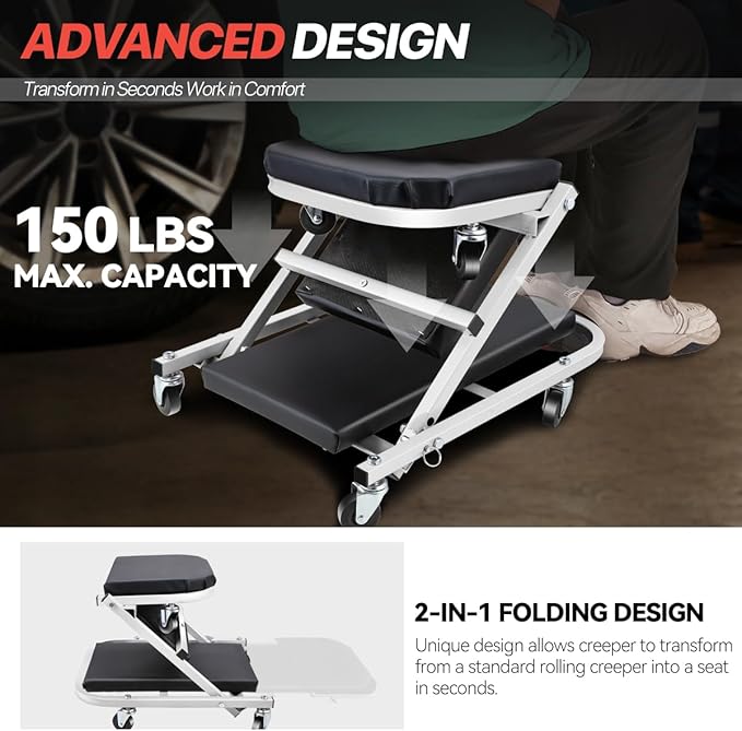 Foldable Rolling 2-in-1 Z Creeper & Seat, 36" Low-Profile Roller Mechanics Under Car Chair 330 LBS Weight Capacity Garage Roller Creeper with 6 Swivel Casters
