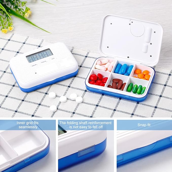 Dispenser with Alarm Electronic Organizer with LCD Display 6 Compartments Reminder Outdoor Portable Mini Box with Alarm (Blue)