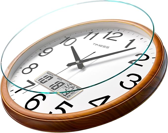TIMESS Wall Clock, Classic Wood Style Finish, 16 Inch Non-Ticking Silent Battery Operated Quartz Analog with Perpetual Calendar and F° Temperature Display, Home, Office Décor (Wood Yellow)