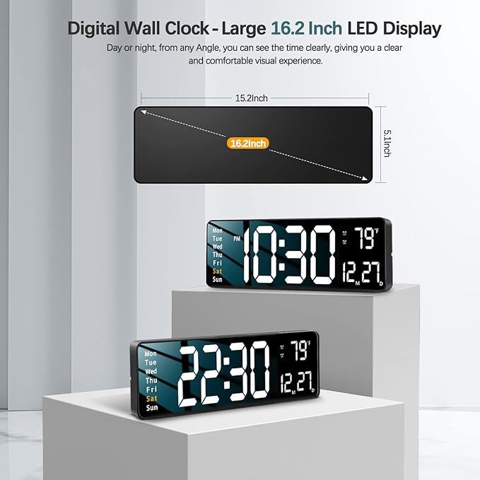 JoFomp Modern 16" Large Digital Wall Clock with Remote Control, LED Display, Auto-Dimming, Countdown, Temperature, Calendar - 12/24Hr Format - Silent Wall Clock for Home, Office, or Gym Use (White)