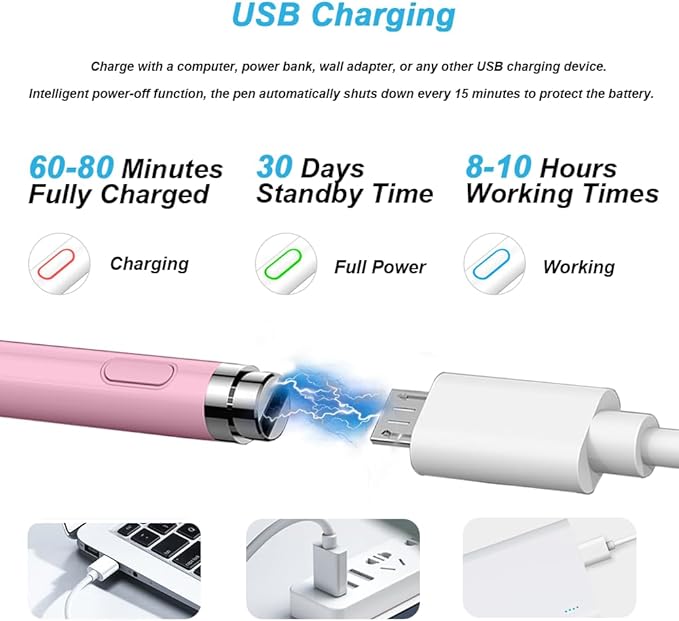 DOGAIN Active Stylus Pen for Touchscreen, iPad Pencil 1.5mm Fine Point Pen, Digital Pens Rechargeable for Tablet, Stylus Pens Compatible with iPad Air/Mini/Pro/Android/iPhone and Most Device - Pink